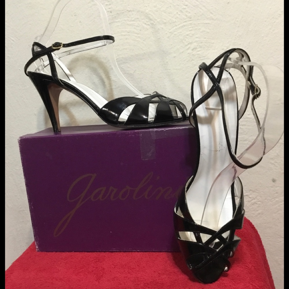 Garolini Sz 8.5M Black Patent Leather Sandals EUC